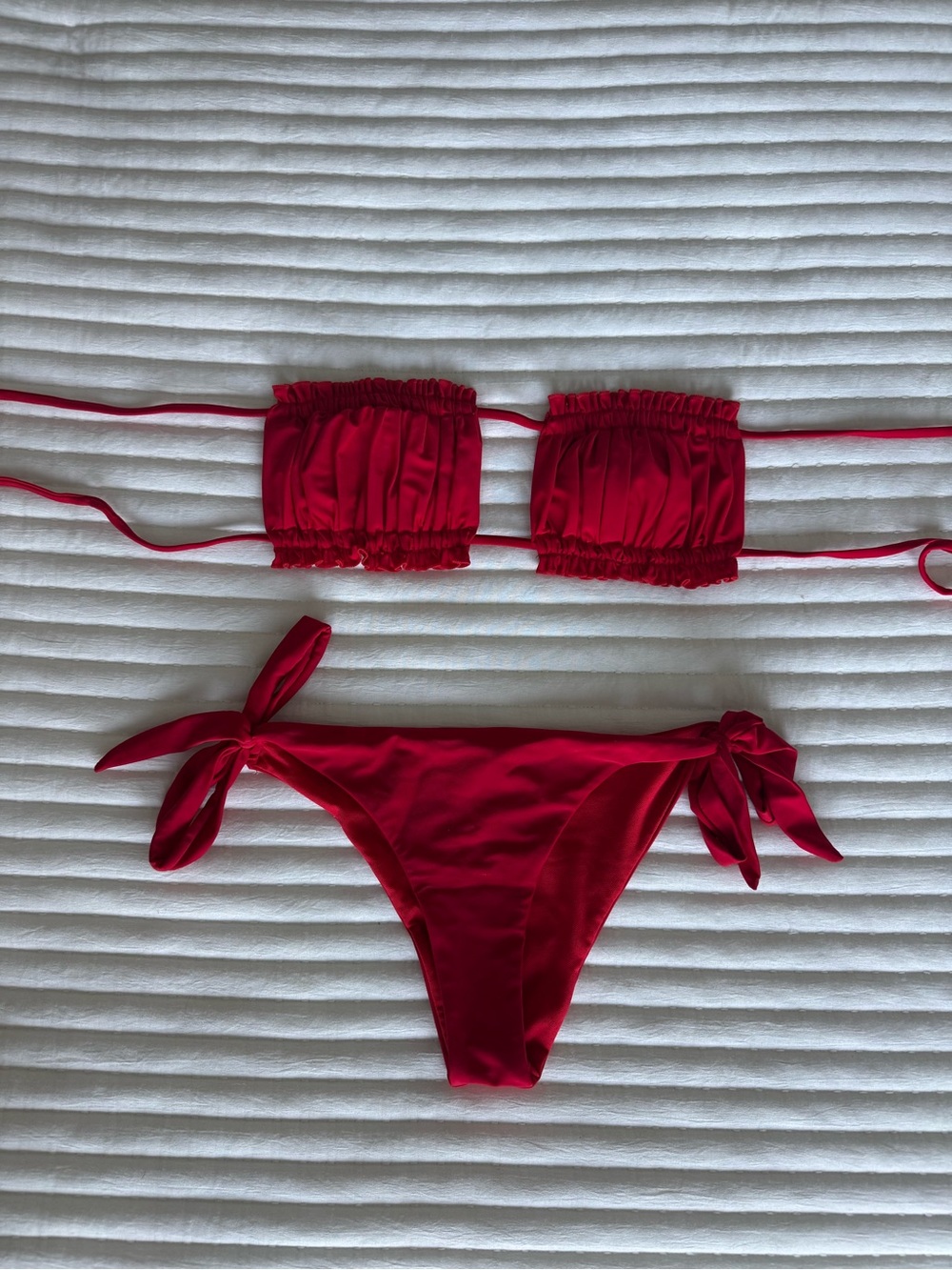 Red Ruched Bandeau Bikini Set with Side-Tie Bottoms